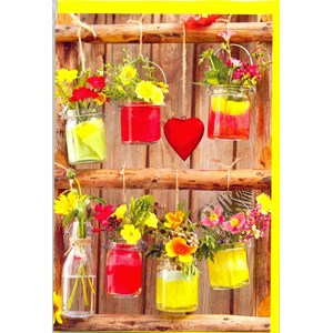 "Glass med blomster mot trevegg"  Dobbelt blomsterkort