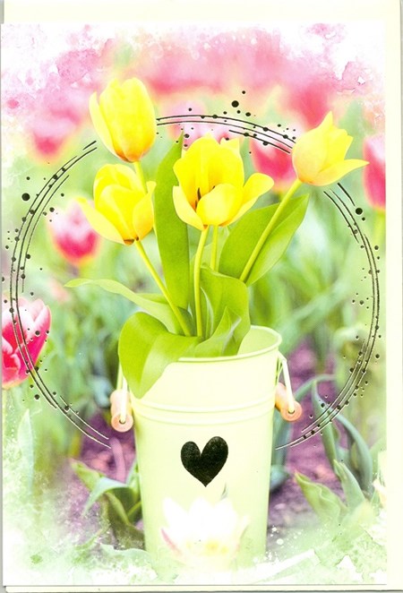 "Gule tulipaner i grønt spann"  Dobbelt blomsterkort