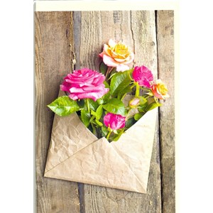"Rosa roser i konvolutt på trevegg"  Dobbelt blomsterkort