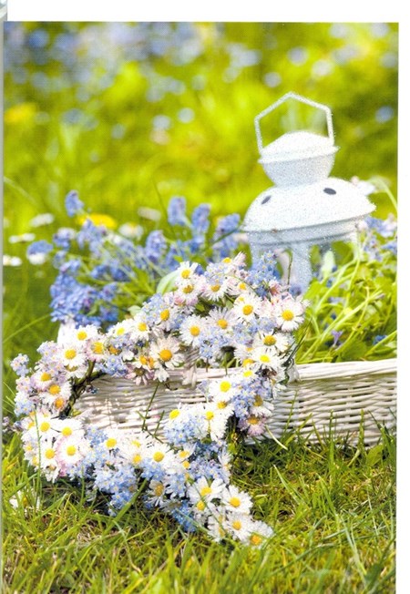 "Prestekrager i hjertkrans m/glitter"  Dobbelt blomsterkort