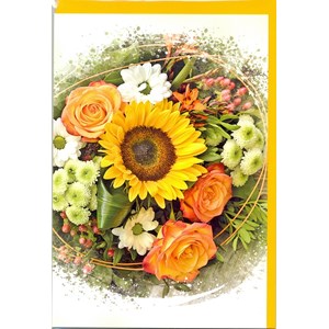 "Blomsterkrans m/solsikke og roser"  Dobbelt blomsterkort