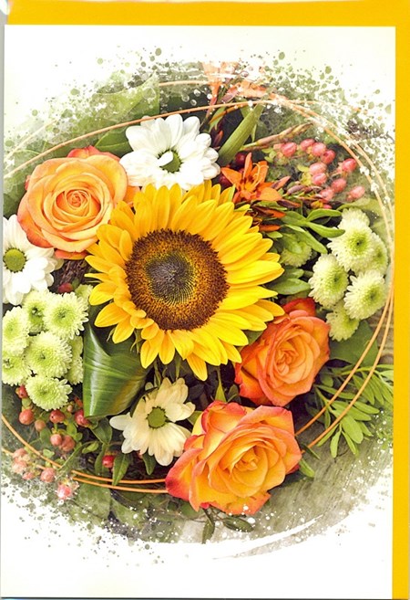 "Blomsterkrans m/solsikke og roser"  Dobbelt blomsterkort