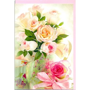 "Rosa roser i grønn vase"  Dobbelt blomsterkort