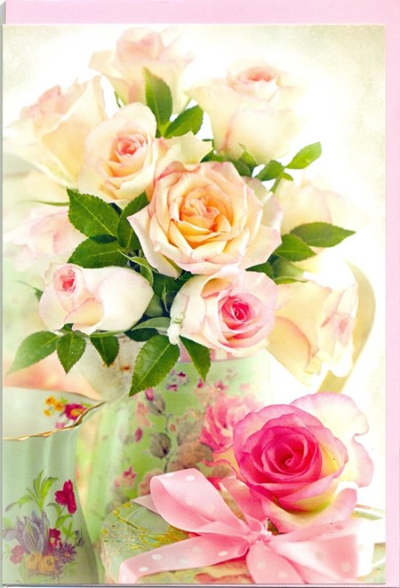 "Rosa roser i grønn vase"  Dobbelt blomsterkort