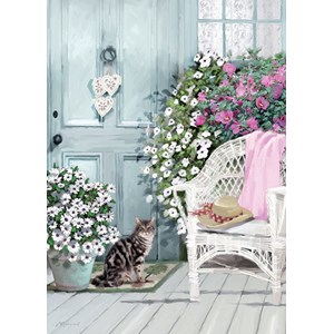 "Kitten with Wicker Chair" Dobbelt blomsterkort