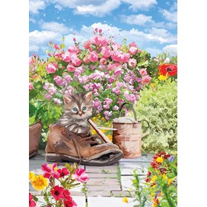 "Kitten in Boot - Painted by Innes Stiles" Dblt blomsterkort
