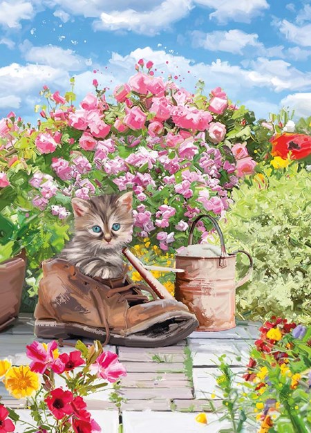 "Kitten in Boot - Painted by Innes Stiles" Dblt blomsterkort