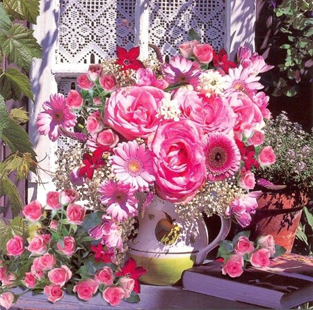 Pink Flowers in Green Jug