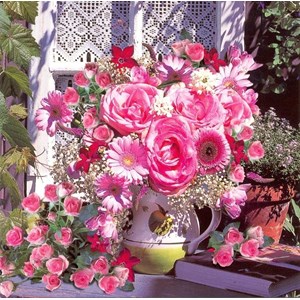 Pink Flowers in Green Jug