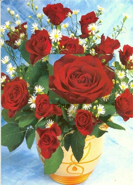 Enklekort,  Røde Roser i vase