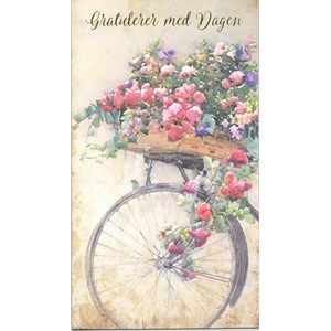 "Gratulerer med dagen" sykkel m/blomster, dobbelt kort