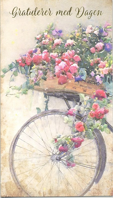 "Gratulerer med dagen" sykkel m/blomster, dobbelt kort
