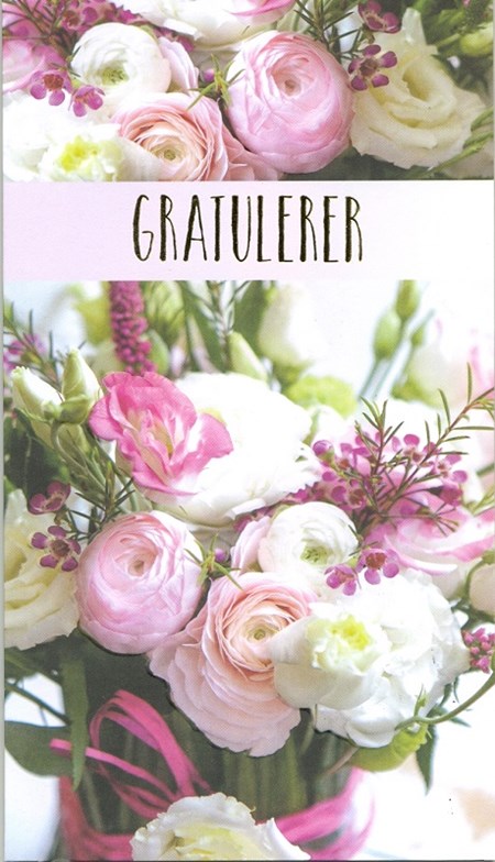 "Gratulerer" Rosa og hvite pioner, dobbelt kort