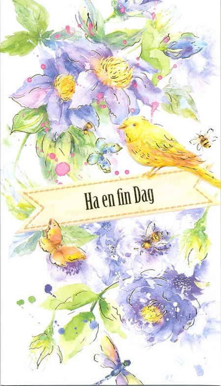"Ha en fin dag" Blå blomster og fugler, dobbelt kort