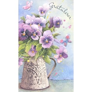 "Gratulerer" lilla blomster i mugge,dobbelt preget kort