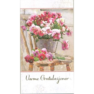 "Varme gratulasjoner" rosa blomster på stol,dbl preget kort