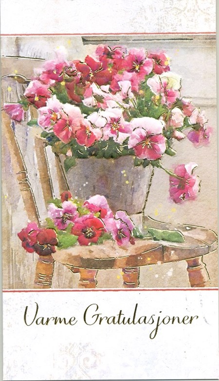 "Varme gratulasjoner" rosa blomster på stol,dbl preget kort