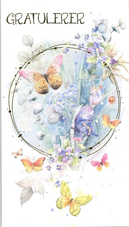 "Gratulerer" sommerfugler og blomster,dobbelt preget kort