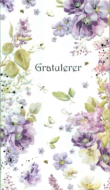 "Gratulerer" Lilla blomster, dobbelt kort