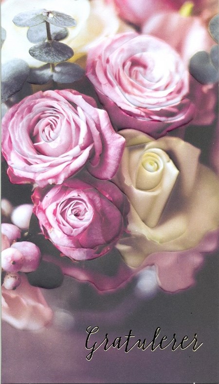 "Gratulerer" Rosa/lilla roser, dobbelt kort
