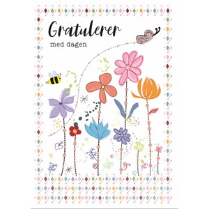 "Gratulerer med dagen" Dobbelt preget kort - Blomster og bie
