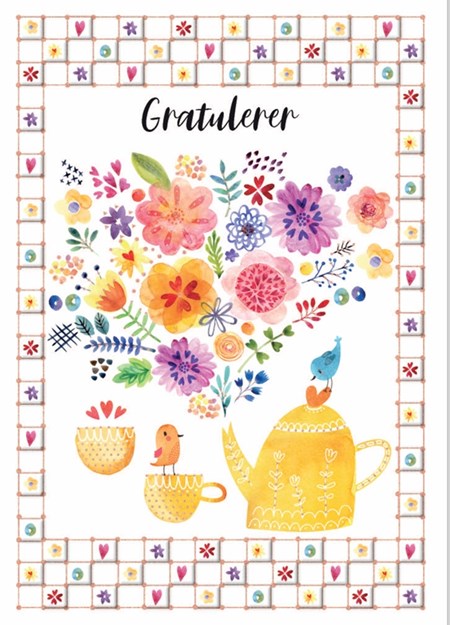 "Gratulerer" Dobbelt preget kort - Blomster, fugler og kaffe