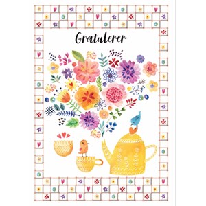 "Gratulerer" Dobbelt preget kort - Blomster, fugler og kaffe
