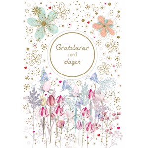 "Gratulerer med dagen" Dobbelt preget kort - Blomsterhage