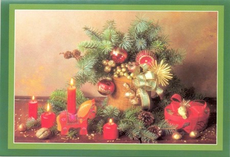 Julekort , Grønn ramme, fotografisk, juledekorasjon