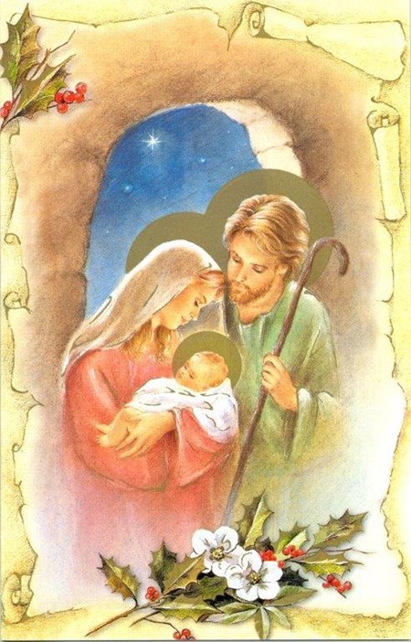 Doble julekort, små,  "Josef, Maria og Jesusbarnet{[