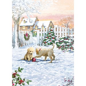 Doble julekort m/rød konvolutt "Puppies playing ..." u/tekst