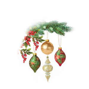 Doble julekort m/rød konvolutt "Tree Decorations" u/tekst