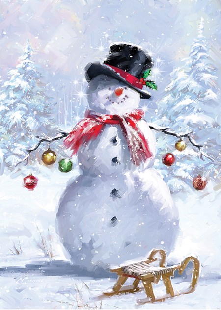 Doble julekort m/rød konvolutt "Snowman with Baubles"u/tekst