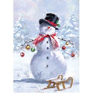 Doble julekort m/rød konvolutt "Snowman with Baubles"u/tekst