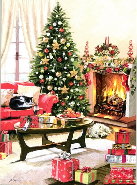 Doble julekort m/rød konvolutt "Christmas Interior" u/tekst