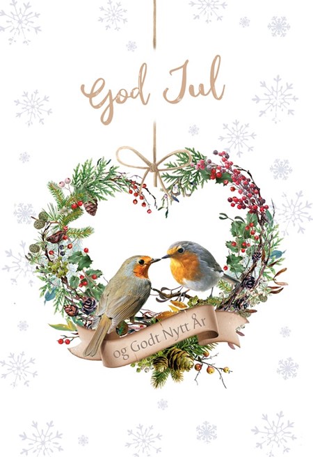 Julekort "To fugler i hjertekrans m/innvendig tekst"