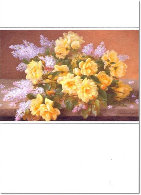 "Still Life of Yellow Roses with Lilac"