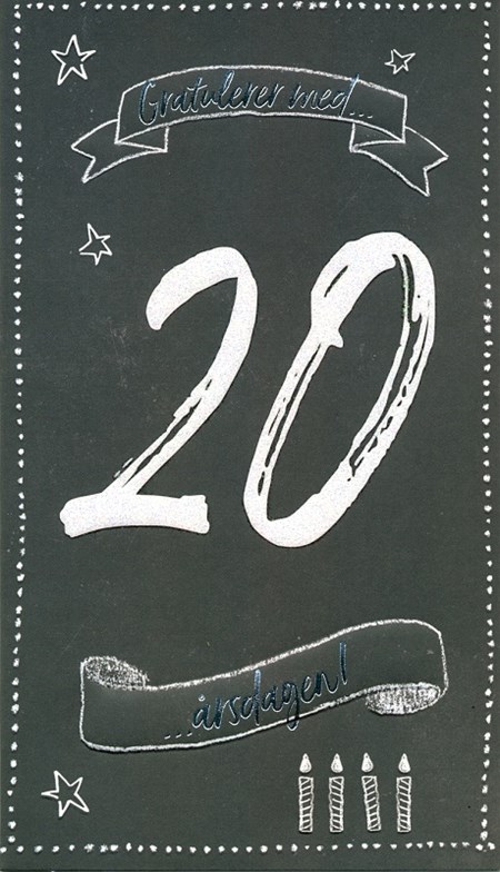 "20 år, gratulerer med dagen", sort kort, dobbelt kort