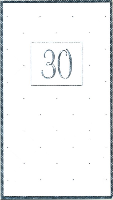 "30 år" hvitt kort m/sølvkant, dobbelt kort
