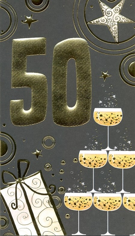 "50 år" sort kort m/gull-tall, dobbelt kort