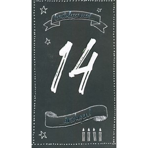 "14 år, gratulerer med dagen", sort kort, dobbelt kort
