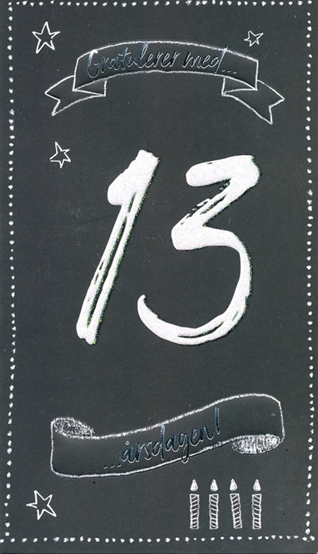 "13 år, gratulerer med dagen", sort kort, dobbelt kort