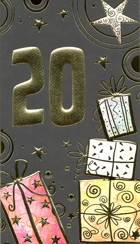 "20 år" sort kort m/gull-tall, dobbelt kort