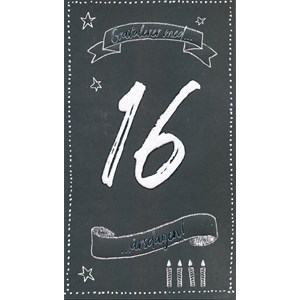 "16 år, gratulerer med dagen", sort kort, dobbelt kort