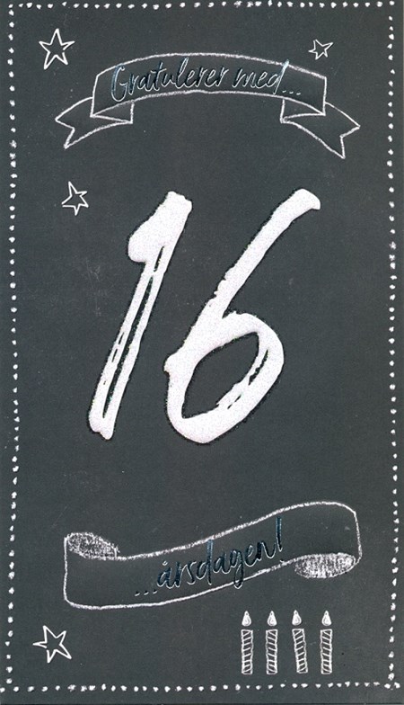 "16 år, gratulerer med dagen", sort kort, dobbelt kort