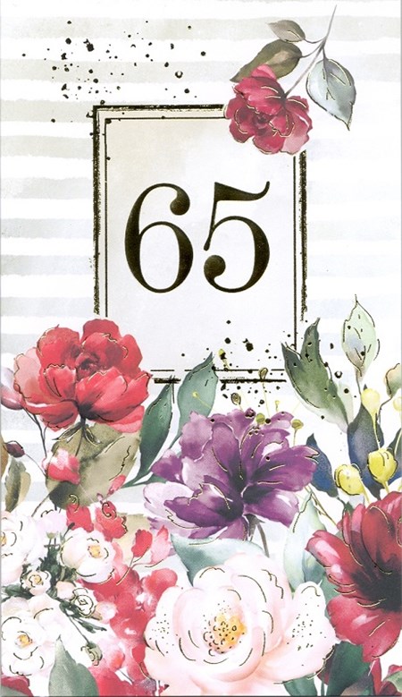 "65 år", blomster og gullfoliert, dobbelt kort