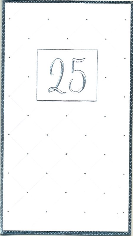 "25 år" hvitt kort m/sølvkant, dobbelt kort