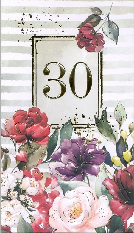 "30 år", blomster og gullfoliert, dobbelt kort