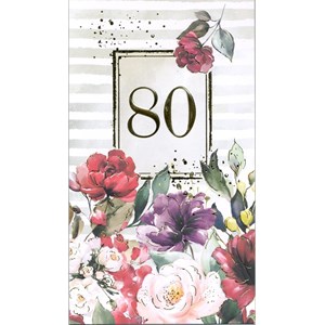 "80 år", blomster og gullfoliert, dobbelt kort