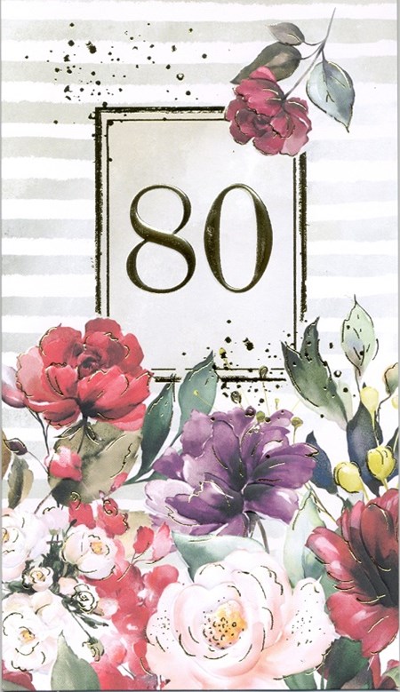 "80 år", blomster og gullfoliert, dobbelt kort